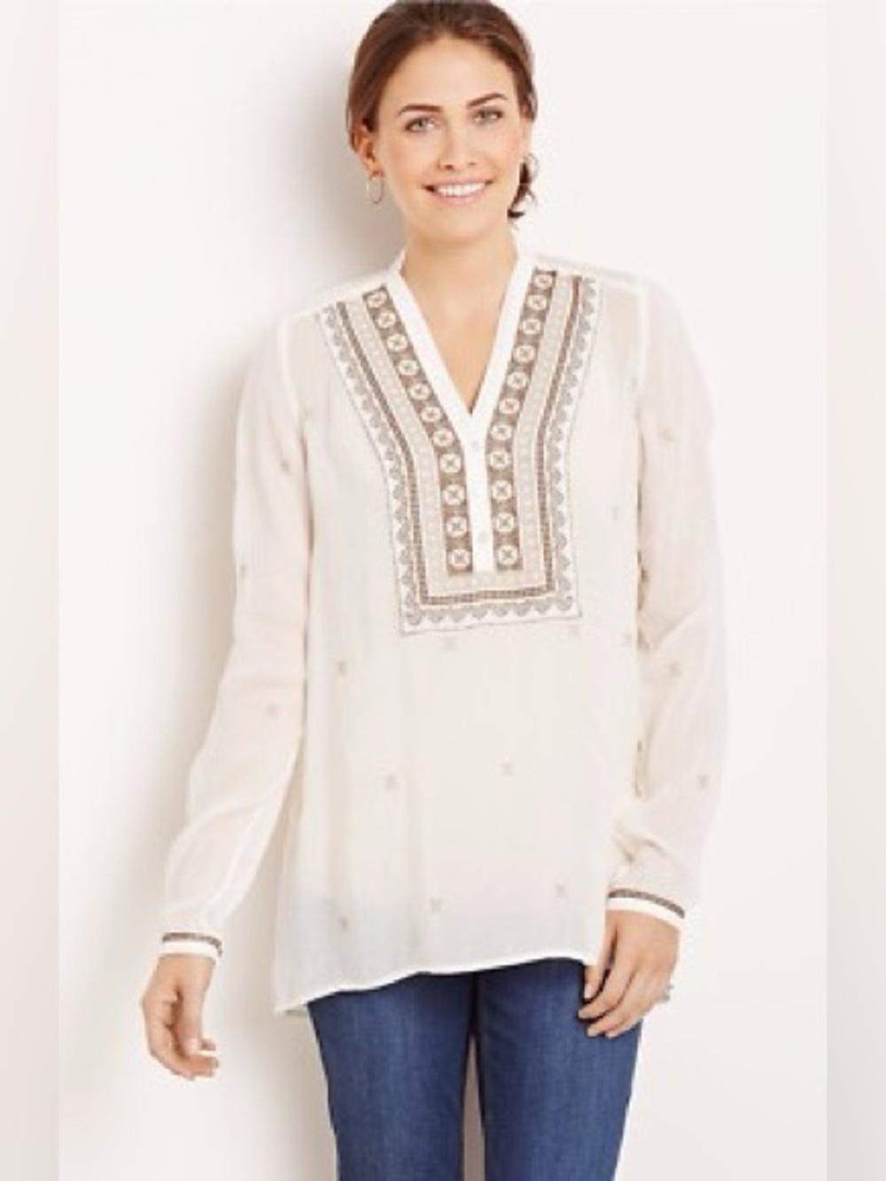 J. Jill Semi Sheer Popover Embroidered Blouse size S Ivory /Tan Lightweight